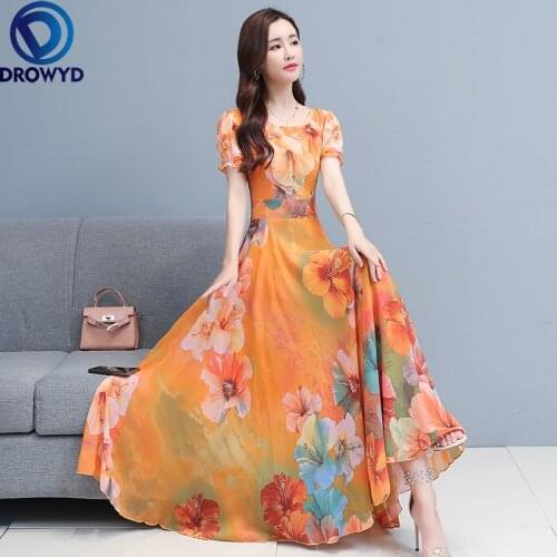 2021 Summer Boho Beach Maxi Dress for Women O-neck Short Sleeve Yellow Print Chiffon Long Dresses Vintage Casual Party Vestidos