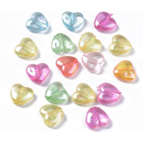 100pcs Mixed Color Transparent Acrylic Heart Beads, AB Color Plated, 11x12x5mm, Hole: 1.8mm