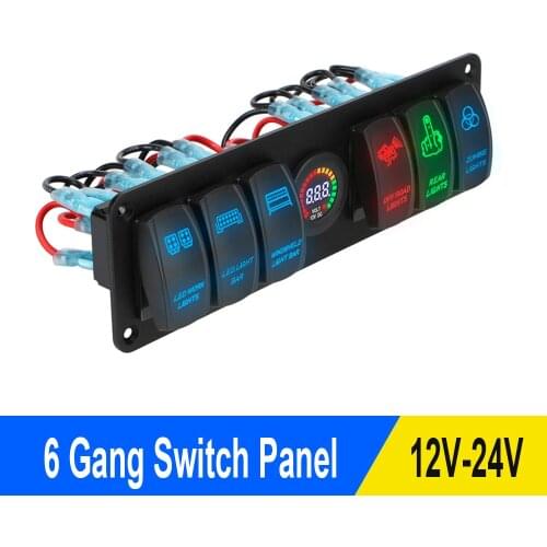 6 Gang Colorful Rocker Switch Panel 12V/24V Circuit Control Breaker LED Voltmeter for Car RV Truck Marine Switch Panel Auto Part