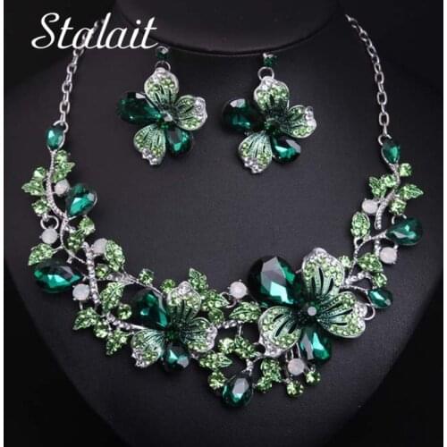 7 Colors Multi-color Flower Short Necklace Earrings Jewelry Sets Colorful Crystal Plum Blossom Bridal Wedding Jewelry Sets