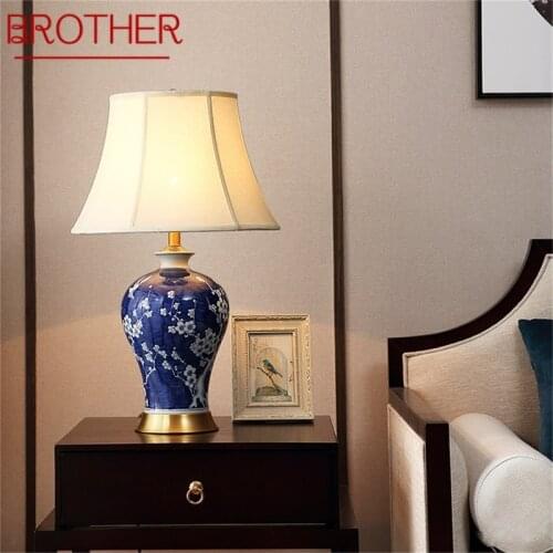 BROTHER Brass Table Lamps Blue Ceramic Desk Light Luxury Modern Fabric Decorative for Home Living Room Dining Room Bedroom