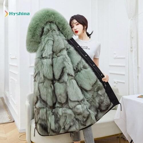 Womens Real Fox Fur Parker Fur Coat Detachable Large Collar Long Coat Large Size M-XXXXL