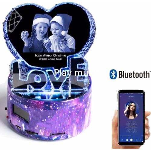 Customized Photo Frame Love Crystal With Purple Starry Sky Rotating Mp3 Led Base Color Music Light Speaker Wedding Birthday Gift