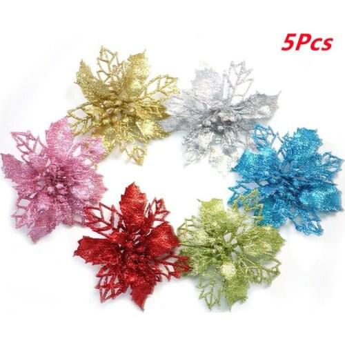 5pcs Artificial Christmas Flowers DIY Glitter Fake Flowers Merry Christmas Tree Decorations for Home 2021 Xmas Ornaments Gift