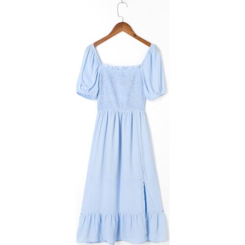 Summer Womens Casual Pure Color Square Collar Short Sleeve Slim Dress