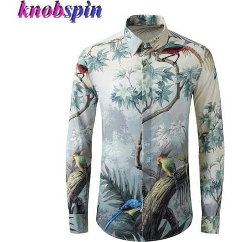 2021 new long-sleeved green flower and bird digital printing flower Chinese style mens personality slim cotton shirt