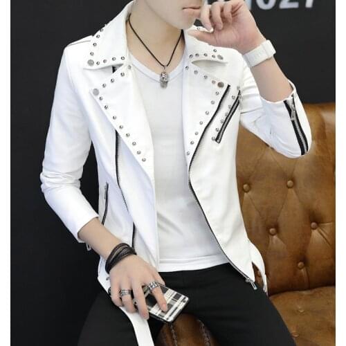 2021 mens casual leather jacket with rivet lapel youth slim, handsome, trendy motorcycle PU leather jacket with diagonal zipper