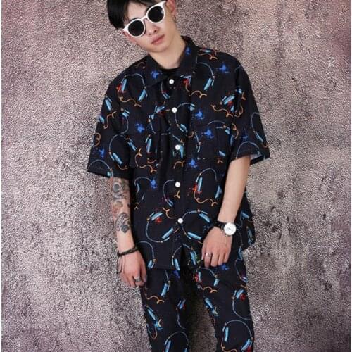 Fashion slim shirt men short sleeve shirt set and pants teenage korean printing shirt mens personality stage singer dance b624