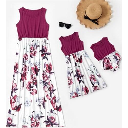 Family Matching Outfits Summer Stitching Print Sleeveless Mother Daughter Parent Child Dresses Baby Girl Mommy Kids Home Clothes