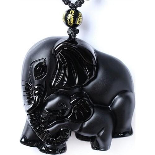 Real Obsidian Elephant Necklace Pendant Hand Carved Baby Elephant Black Gemstone Necklace Lucky Charm Pendant Fashion Gift