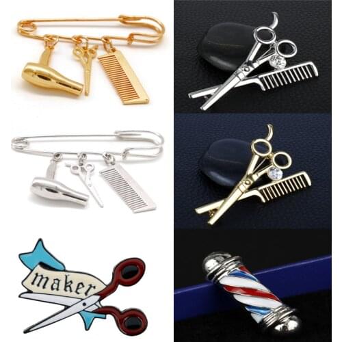 Barber Shop Razor scissors Barber Pole Brooch Hair Dryer/Scissor/Comb Pendants Buckle Brooches Pins Creative Jewelry