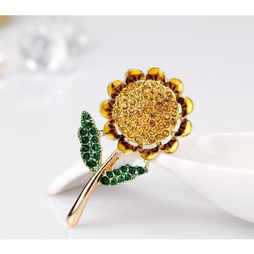 Full Yellow Crystal Sunflower Brooches For Women Men Alloy Yellow Green Enamel Flower Weddings Banquet Party Brooch
