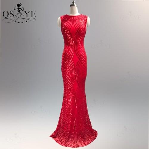 QSYYE Red Evening Dresses Mermaid Sequin Evening Gown Long Elegant Glitter Pattern Formal Party Decent Woman Dress Arabic Styles