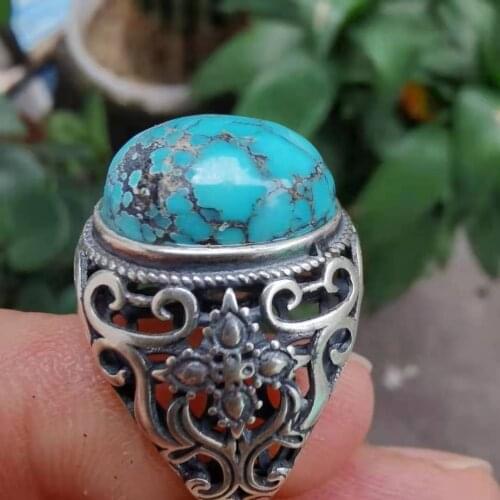 Rare real turquoise male ring for men pretty S925 sterling silver Handmade designer jewelry Navy blue gemstones Collection