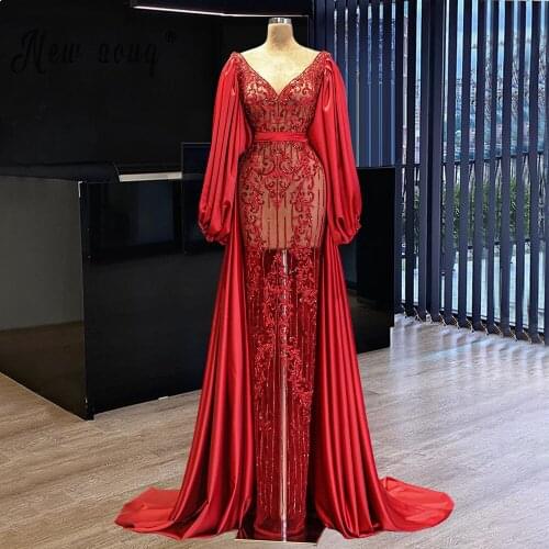 Luxury Red Long Sleeve Mermaid Evening Dresses With Detachable Train Lace Crystal Full Sleeves Evening Gowns Muslim Party Dress