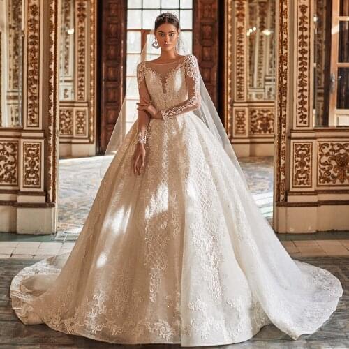 Luxury LaceBall Gown Wedding Dress 2021 Beading Appliques Bridal Plus Size Bride Gowns Muslim Vestido De Noiva