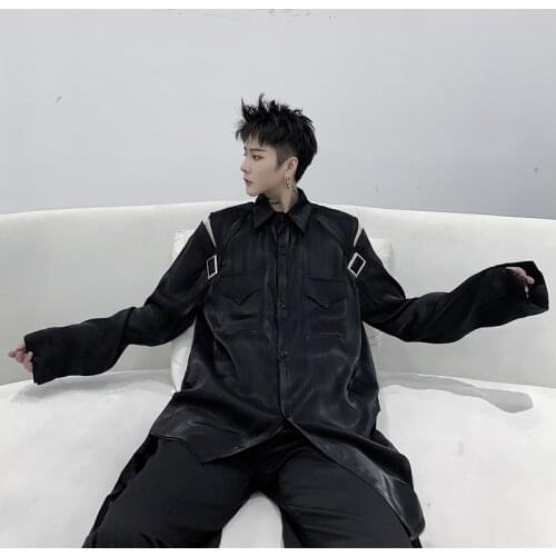 High Street Shirt Loose 2021 Autumn New Tops Mens Wear Niche Hollow Strapless Polarized Shirt Mercerized Glitter