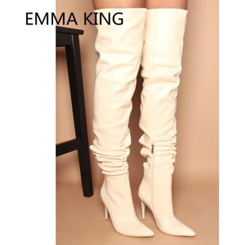 Solid Leather Women Over The Knee Knight Boots Pointed Toe Sexy Ladies Pleated Shoes Woman High Heels Female Thigh High Boots
