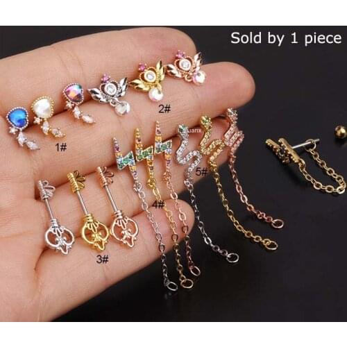 1 Piece Heart Snake Shape Dangle Multicolor Zircon Earrings Externally Stud Helix Piercing 20Gauge Lobe Stainless Steel
