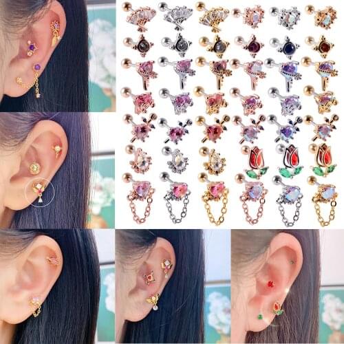 1PC Stainless Steel Barbell Cz Tragus Cartilage Earrings Crystal Rose Flower Cross Lobe Helix Earring Piercing Jewelry 20G