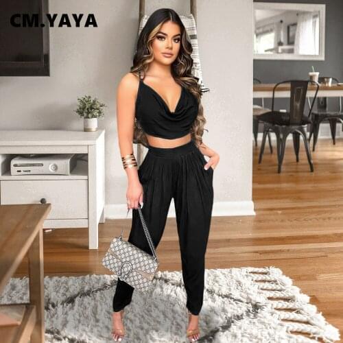 CM.YAYA Women Set Solid Sleeveless Strap V-neck Crop Tops Pockets Harem Pants Two 2 Piece Sets Sexy Fashion Outfits Summer 2021