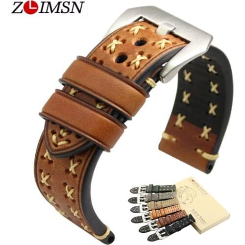 ZLIMSN High Quality Genuine Leather Watchband Replacement 20 22 24 26mm Black Brown Grey Stainless Steel Buckle Silver Brushed