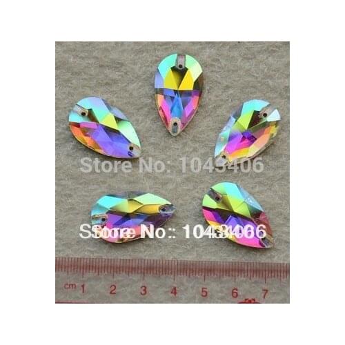 Rhinestones crystal!100pcs/lot 16x28mm teardrop Crystal AB color sew on Glass Crystal Rhinestones pear sew on stones with 2holes