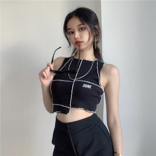 2021 O-Neck Women Rapwriter Gothic Sexy Crop Top Letter Striped Irregular Hem Ribbed Summer Tank Top Bandage Vest female Clothe