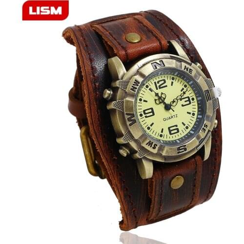 Vintage Retro Big Wide Genuine Leather Strap Watch Men Punk Quartz Cuff Watch Wristwatches Bracelet Bangle relogio masculino