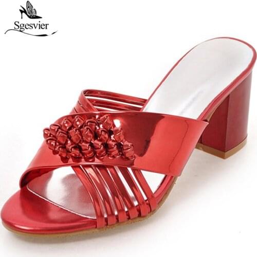 Sgesvier Plus size 32-43 square heels shoes woman PU solid sexy lady sandals shoes summer fashion open-toed party shoes OX447