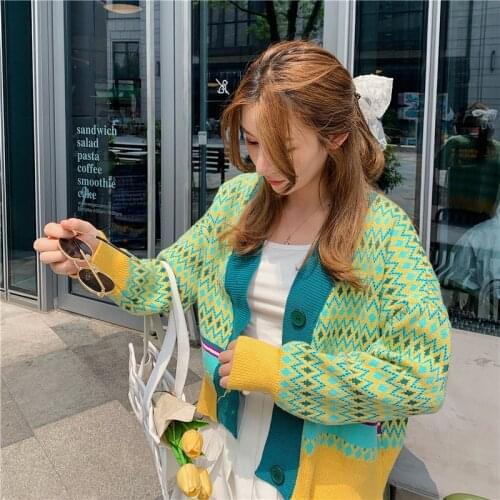 Knitted Plaid Cardigans Sweater Women 2021 Autumn Winter Korean Retro Sweet Female Casual Chic Streerwear Knitwear Tops