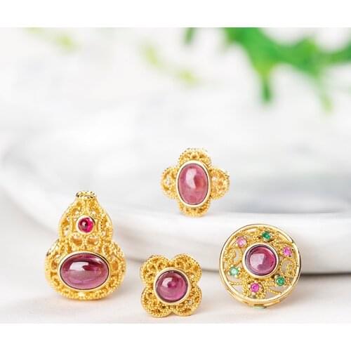 Natural Garnet Beads Inlaid Silver Plating Gold Hollow Pendulum Round Jewelry Pendant Necklace for DIY Accessories Gift