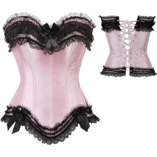 Pink Black Sexy Overbust Corset Women Lace Trim Corset Tops Boned Lace Up Bustier Corset Body Shapewear Waist Trainer Corselet