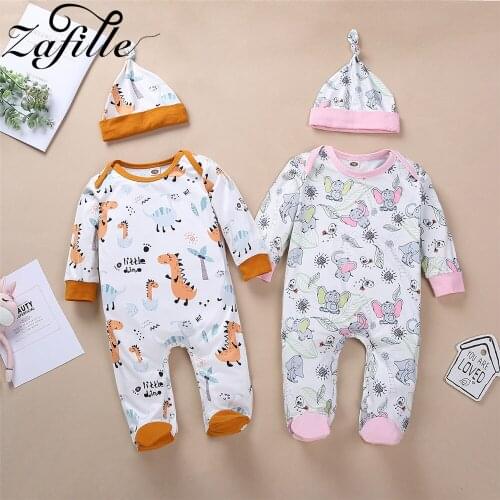 ZAFILLE Newborn Baby Clothes Long Sleeve Dinosaur Elephant Print Jumpsuit For Kids With Hat Cotton Baby Boys Girls Rompers