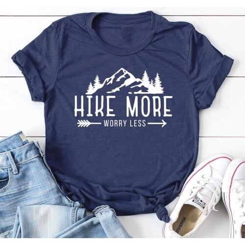 Casual Unisex Short Sleeve Graphic Hiking Outdoors Tees Hike More Worry Less T-shirt Tops Funny Women Summer Camping Tshirt