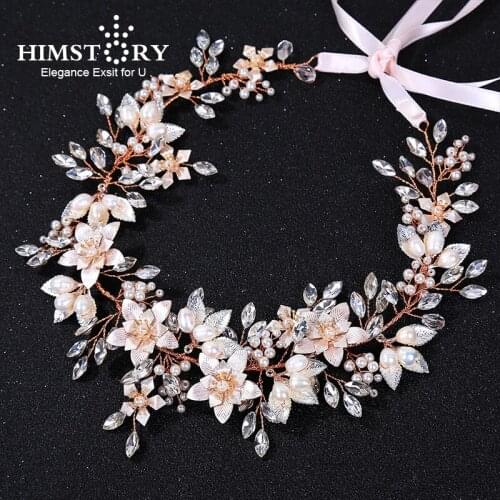 New Wedding Tiara Bridal Headband Wedding Headpiece Rose Gold Flower Hairband Crystal Pearl Rhinestones Floral Bridal Hair Vines