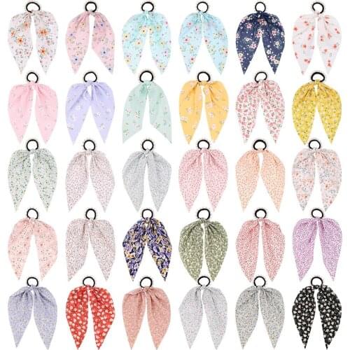 New Print Bow Chiffon Girls Elastic Hair Bands Long Ribbon Ponytail Scarf Hair Tie Fashion Women Scrunchie Hair Accessories Gift