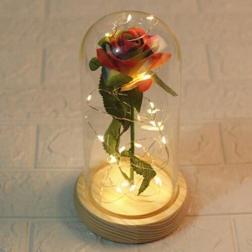 Romantic LED Lights Gold Rose In A Glass Dome Wedding Valentines Day 2.14 Gifts Flower Girlfriend Wife Party Decor