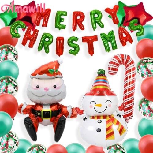 Merry Christmas Balloon Banner Decoration Santa Snowman Crutch Balloon Confetti Latex Balloons Christmas New Year Party Decor