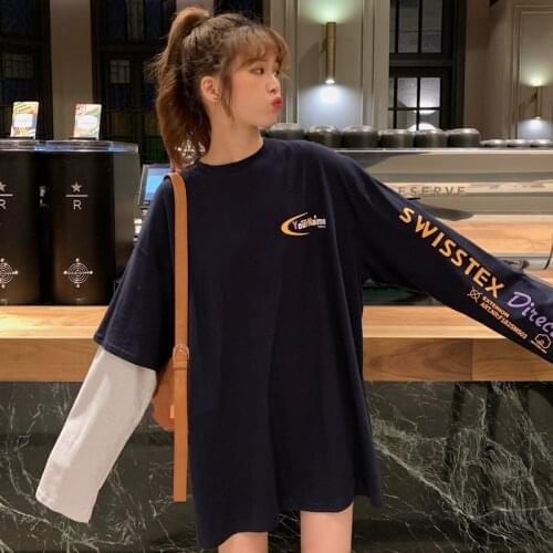 2021 Spring/Autumn Creative English Sleeves Fake Two Long Sleeves t Shirts Aesthetic Fresh Korean Oversize Kawaii Girl Clothes