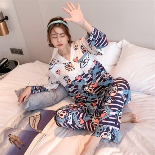 Women Sleepwear Sets Cartoons Fashion Homewear High Quality Pajamas Long sleeve Ice silk Pajamas Summer Loose Cardigan Sleepwear