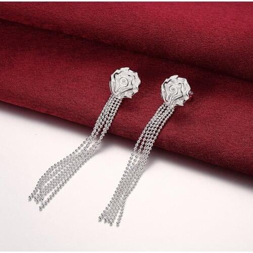 Noble 925 Sterling Silver Fashion beautiful tassel Rose flower Earrings stud for Women Birthday Gifts Charm party Jewelry
