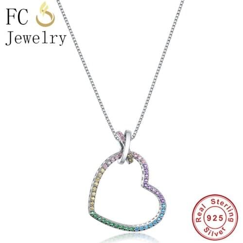 FC Jewelry 925 Sterling Silver Heart Color Cubic Zircon Crystal Women Girl Spacer Pendant Necklaces Lover Gift Valentines Day