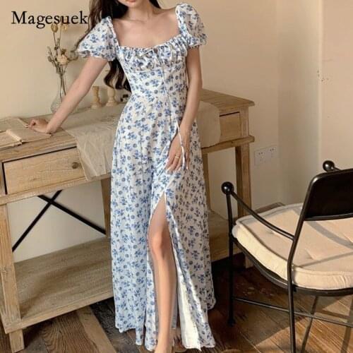 2021 Sweet Summer Chiffon Women Dress Hepburn Style Slash Neck Print Floral Maxi Dress Vintage High Waist Slim Dress Robe 14578
