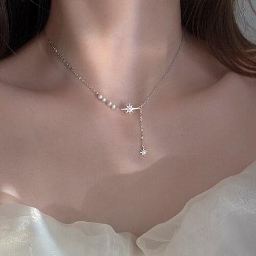 8 Star Pearl Necklace for Women Tassel Clavicle Chain Sweet Gentle Korean Fashion 2021 Trend Dating Friend Collares Para Mujer