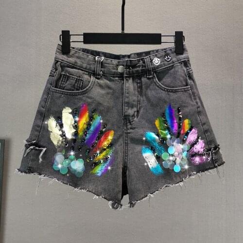 Denim Shorts Womens Fashion 2020 Summer New European Loose Wide Leg Industry Sequins Bronzing Burr Hot Pants Black Jean Shorts