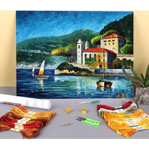 Italy Lake Como Pre-Printed 11CT Cross-Stitch DIY Embroidery Kit DMC Threads Sewing Handicraft Handiwork Knitting Floss Decor