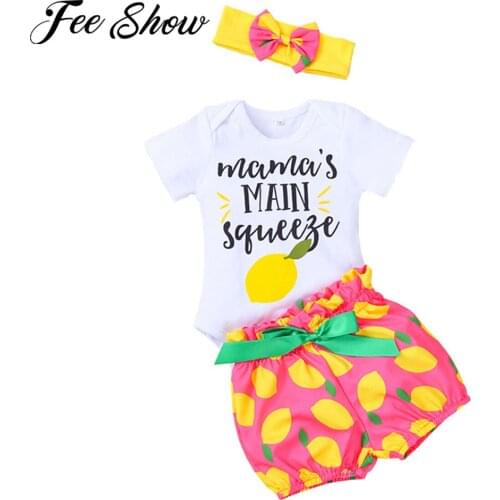 Summer Newborn Infant Baby Girls Clothes Short Sleeve Letter Print Romper Lemon Print Shorts Headband Outfit Casual Cute Set