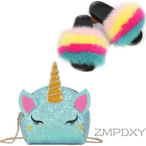 Womens Fur Slides Cute Cartoon Unicorn Jelly Bags Sets Fluffy Fur Slippers Sequin Fashion Purses Furry Sandals Coin Purse Hot