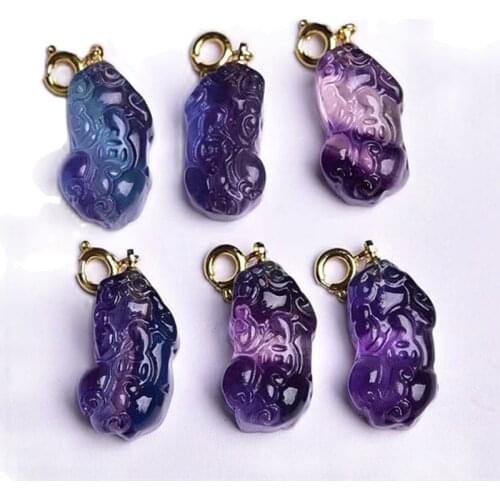 Natural Stone Rainbow Fluorite Animal Pixiu Crystal Pendant Carved Figurine Gift Fashion Jewelry
